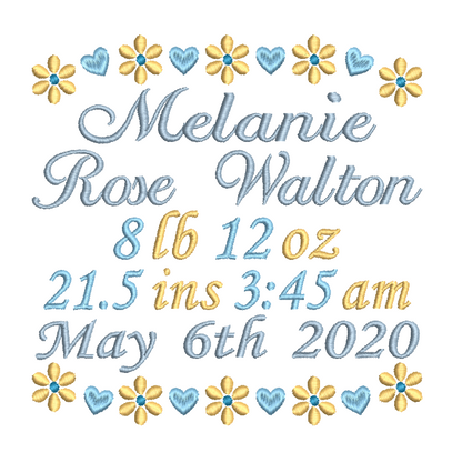 Baby birth stats announcement machine embroidery design by rosiedayembroidery.com