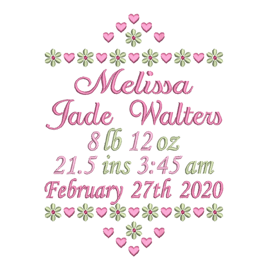 Baby birth stats template machine embroidery design by rosiedayembroidery.com
