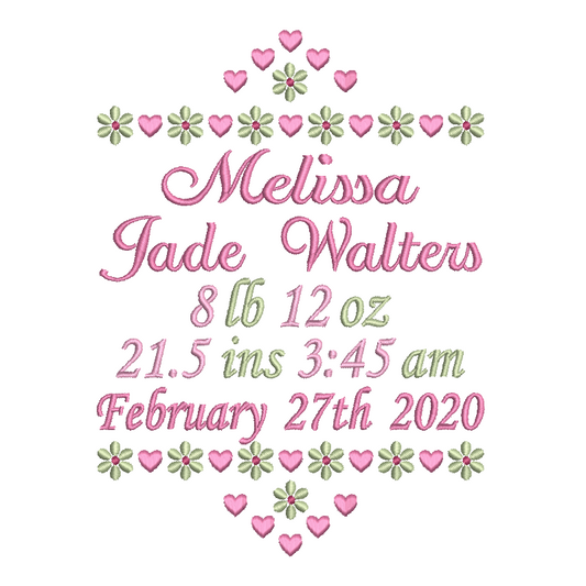 Baby birth stats announcement machine embroidery design by rosiedayembroidery.com