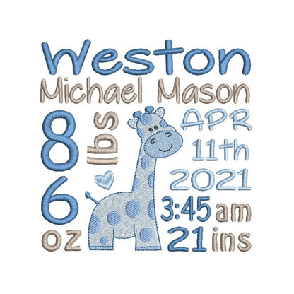 Baby birth stats announcement by rosiedayembroidery.com