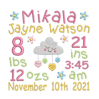 Baby birth announcement machine embroidery design by rosiedayembroidery.com