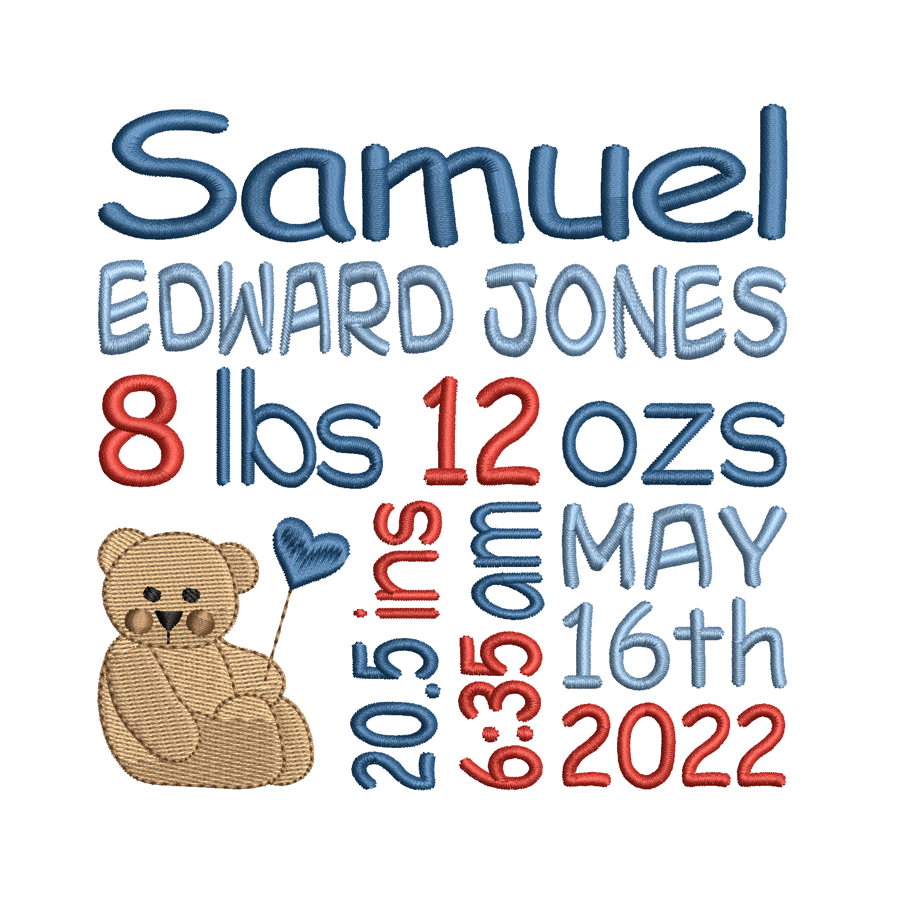 Baby birth announcement -custom embroidery design by rosiedayembroidery.com