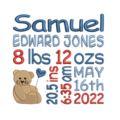 Baby birth announcement -custom embroidery design by rosiedayembroidery.com