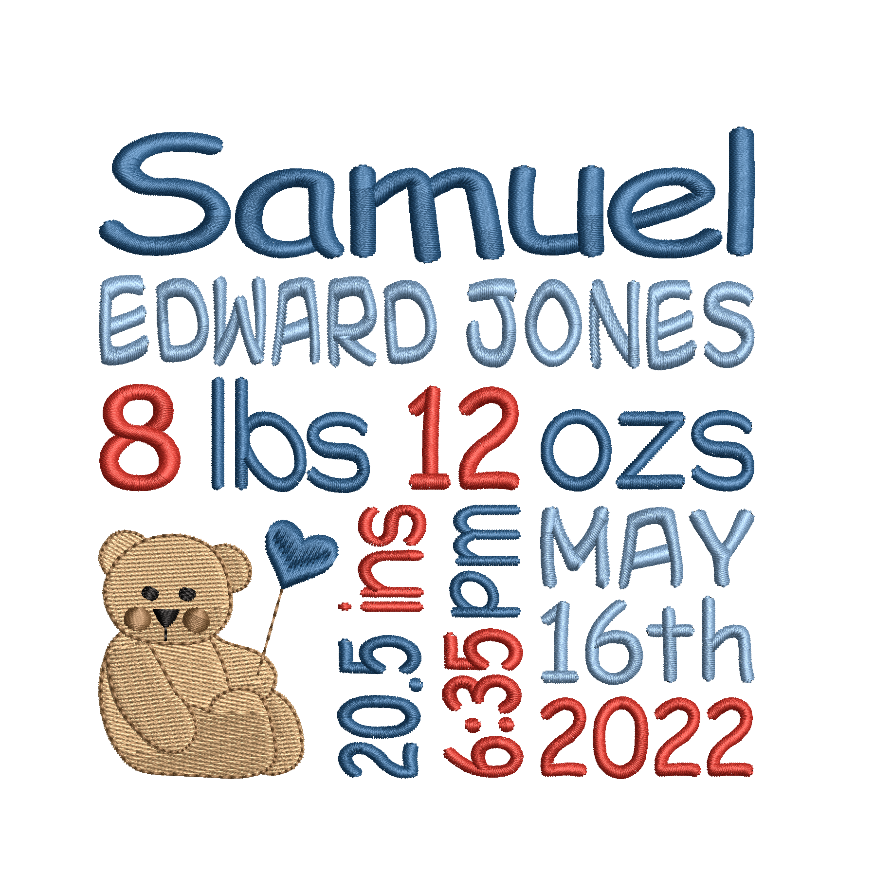 Baby birth announcement -custom embroidery design by rosiedayembroidery.com